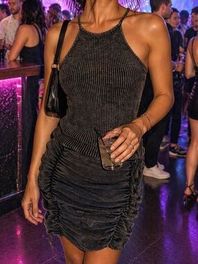 Free People One Ribbed Halter Ruched Mini Dress in Black